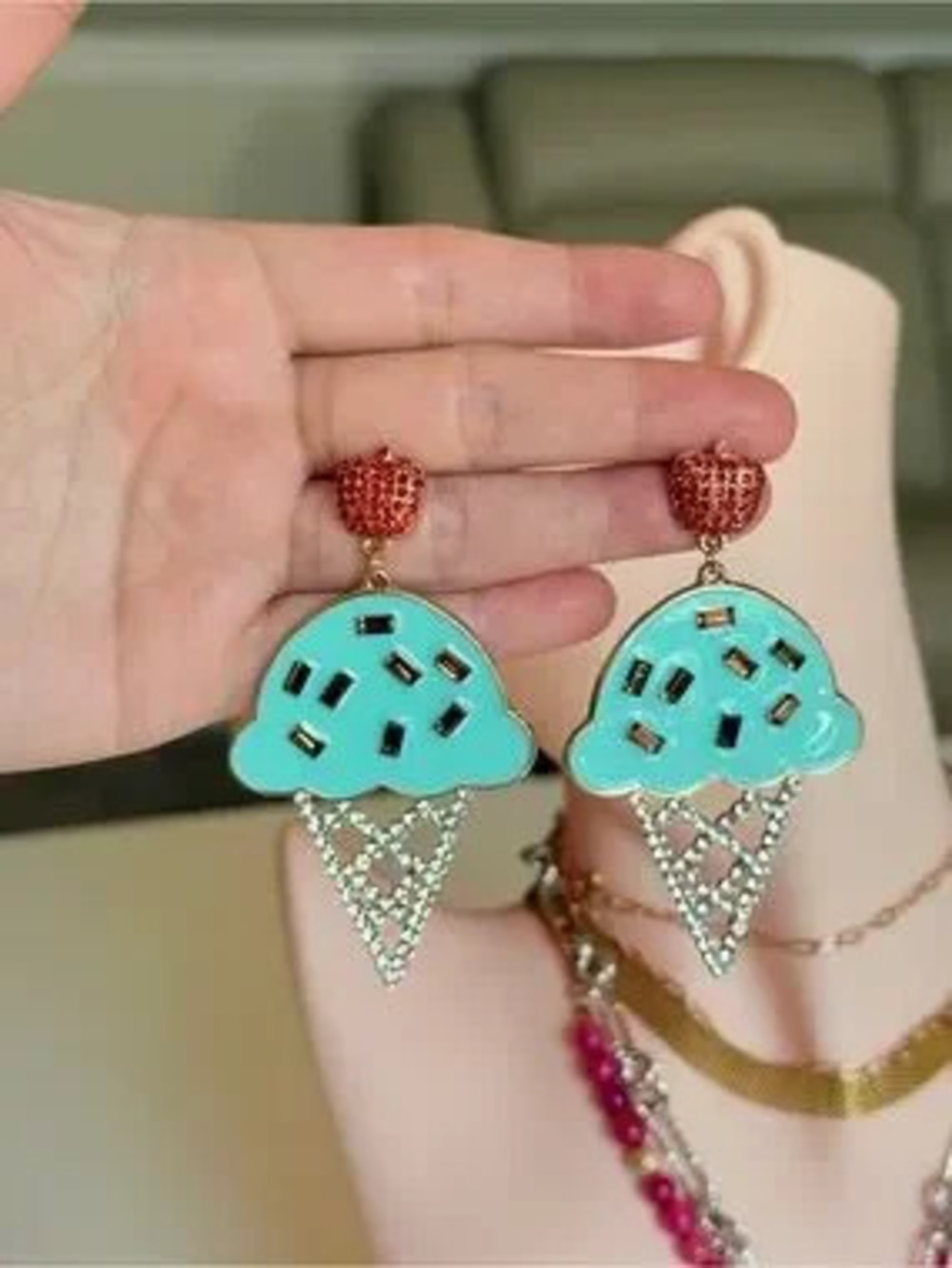 Turquoise & Red Ice Cream Cone Drop Earrings